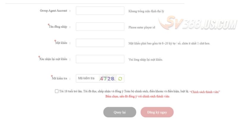 Bảng thông tin đăng ký tài khoản